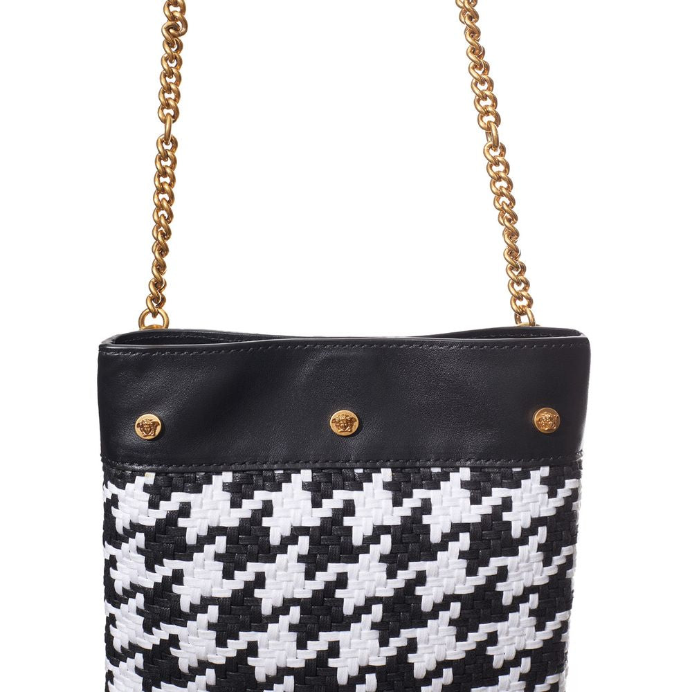 Bolsa de Ombro Versace em Couro e Tecido Preto e Branco