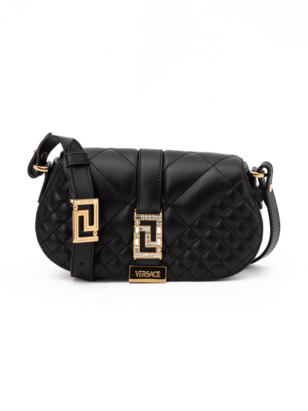 Bolsa Versace Preta de Couro Acolchoada com Alça de Ombro