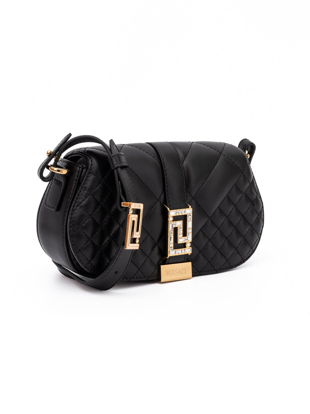 Bolsa Versace Preta de Couro Acolchoada com Alça de Ombro