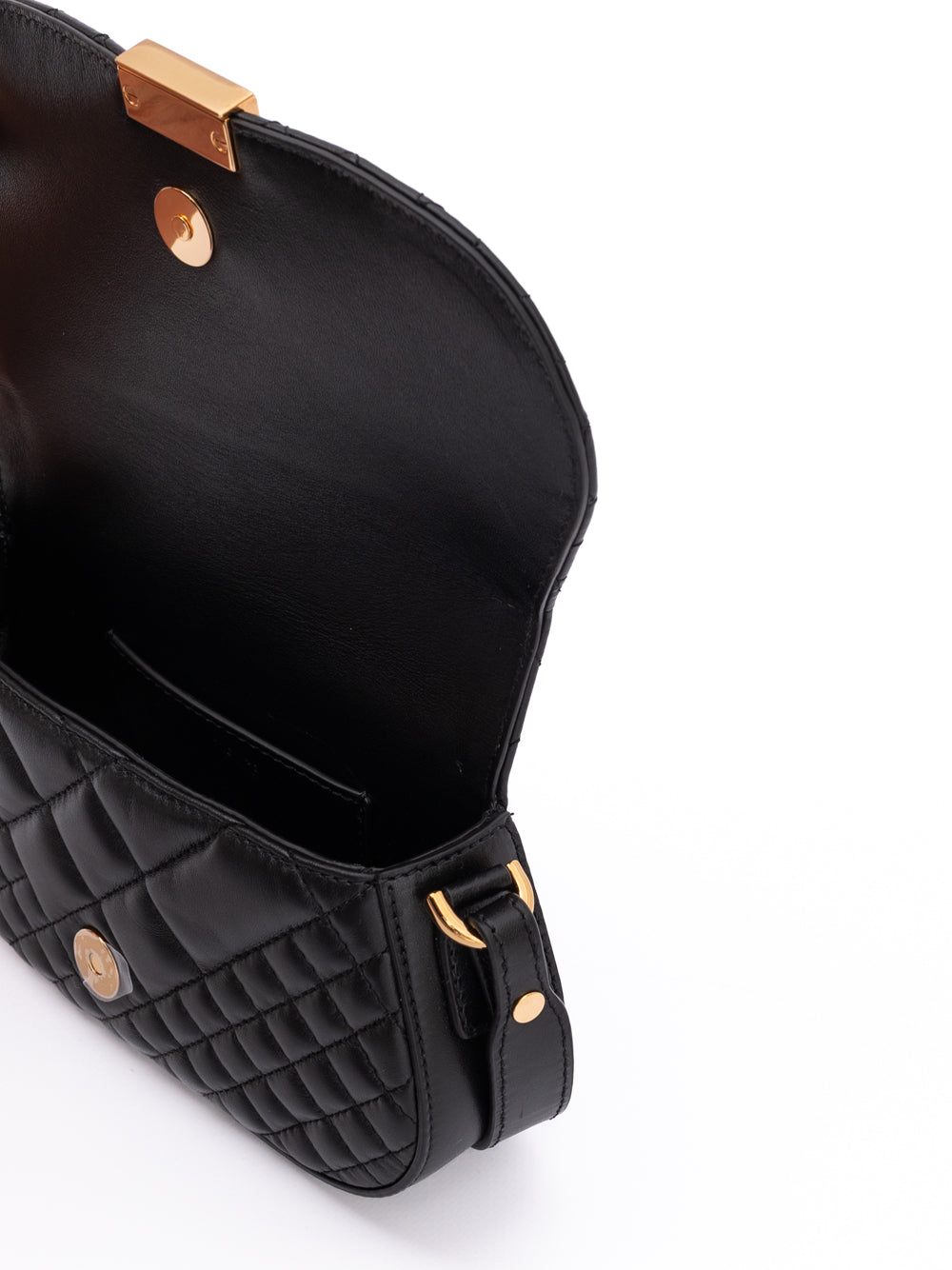 Bolsa Versace Preta de Couro Acolchoada com Alça de Ombro