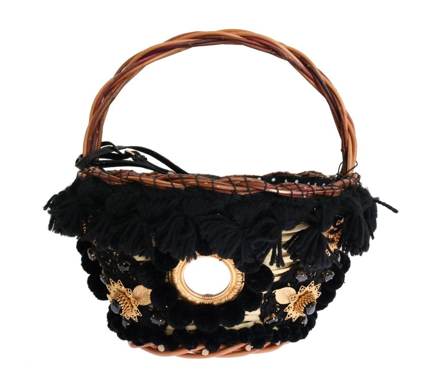 Bolsa Dolce & Gabbana AGNESE Bege de Palha e Pele de Cobra com Pompons de Cristal