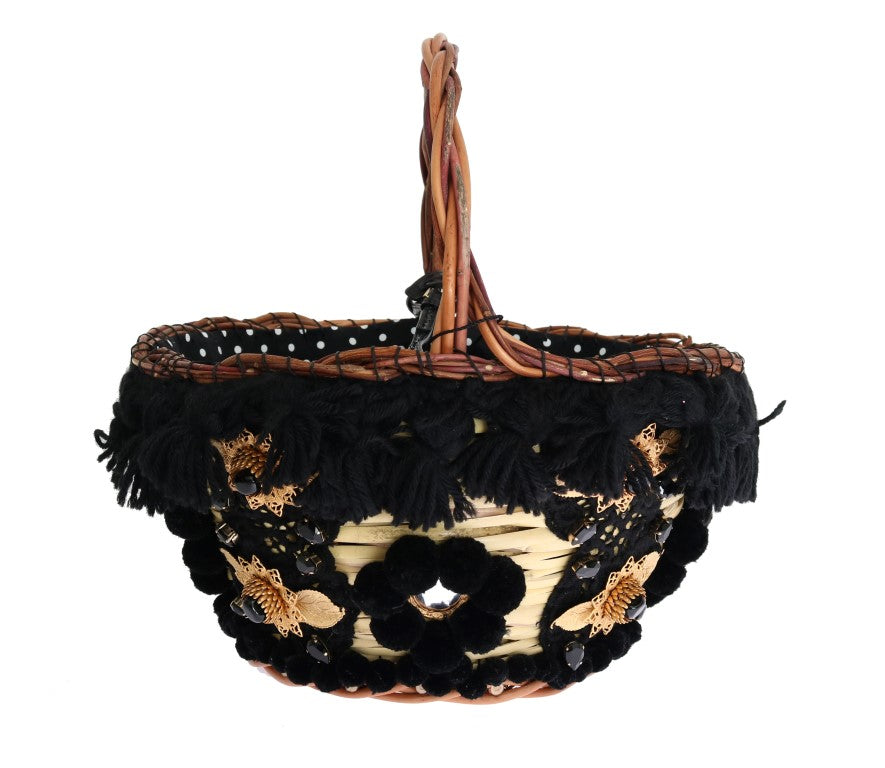Bolsa Dolce & Gabbana AGNESE Bege de Palha e Pele de Cobra com Pompons de Cristal