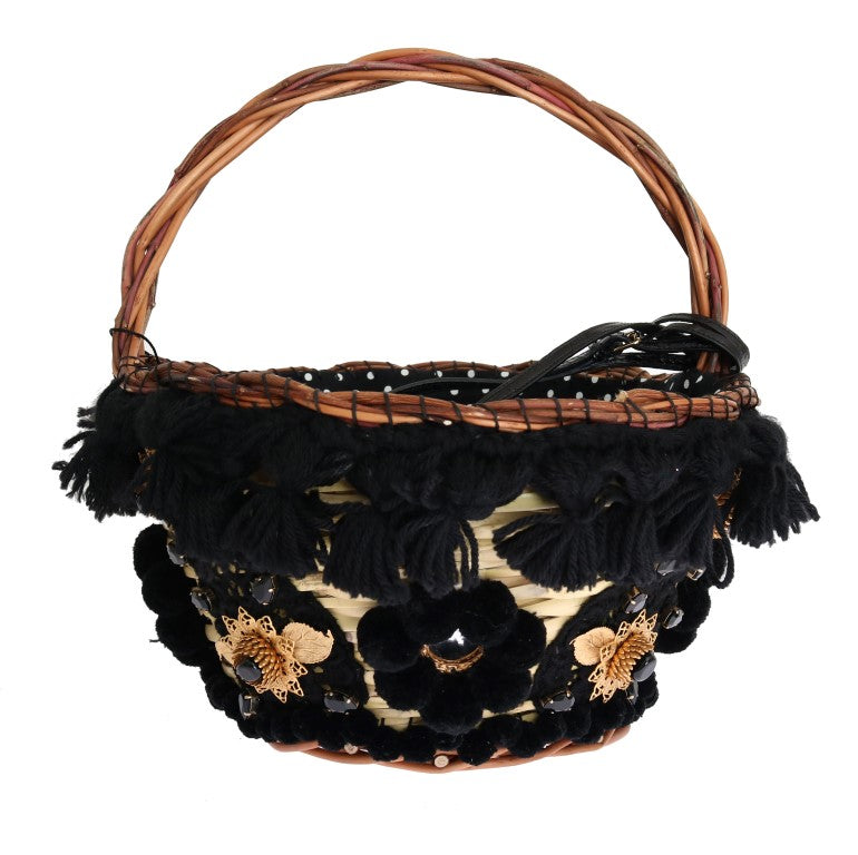 Bolsa Dolce & Gabbana AGNESE Bege de Palha e Pele de Cobra com Pompons de Cristal