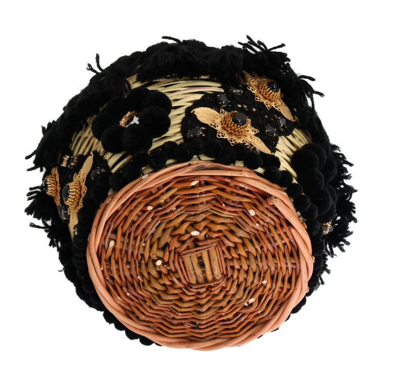 Bolsa Dolce & Gabbana AGNESE Bege de Palha e Pele de Cobra com Pompons de Cristal