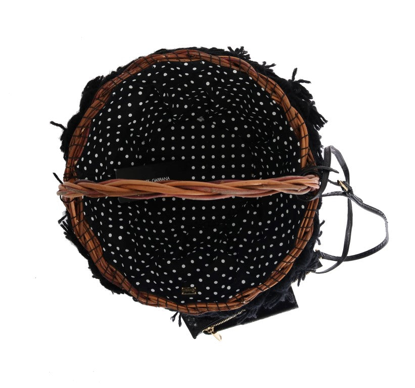Bolsa Dolce & Gabbana AGNESE Bege de Palha e Pele de Cobra com Pompons de Cristal