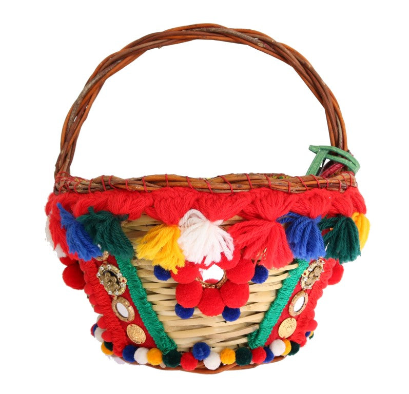 Dolce & Gabbana Bolsa Agnela de Palha Multicolorida com Cristais e Pompons