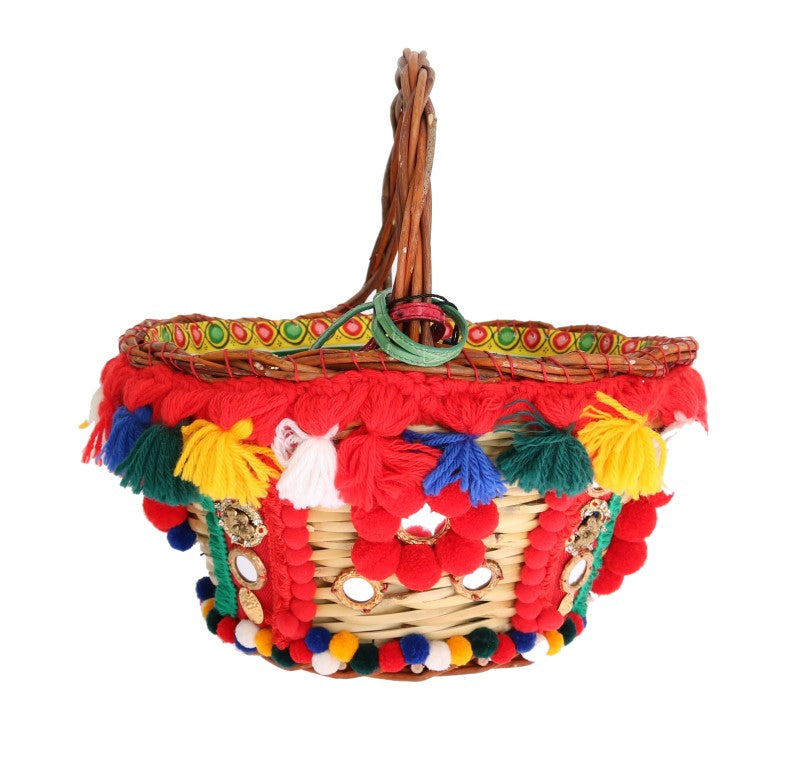 Dolce & Gabbana Bolsa Agnela de Palha Multicolorida com Cristais e Pompons