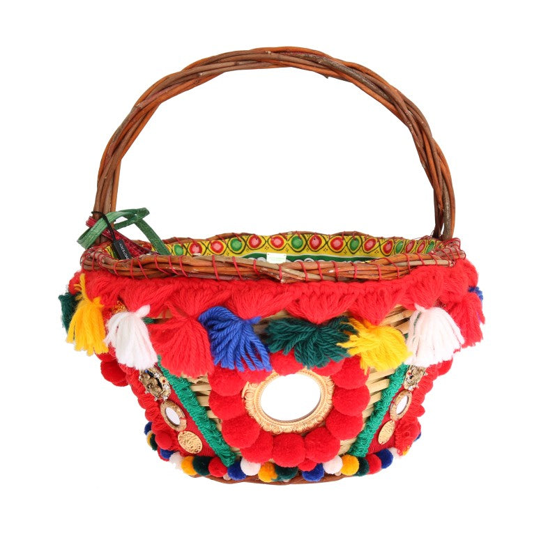 Dolce & Gabbana Bolsa Agnela de Palha Multicolorida com Cristais e Pompons