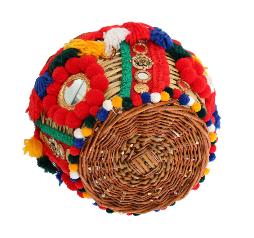 Dolce & Gabbana Bolsa Agnela de Palha Multicolorida com Cristais e Pompons