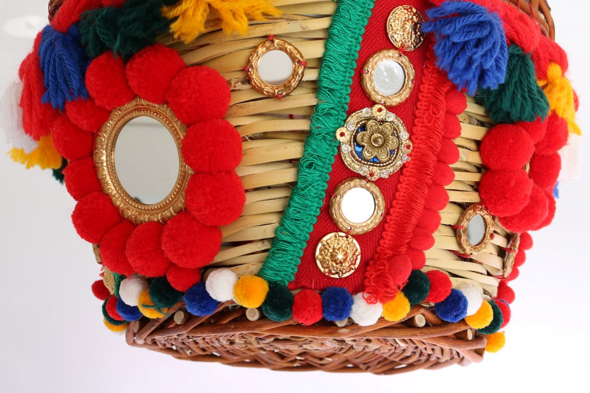 Dolce & Gabbana Bolsa Agnela de Palha Multicolorida com Cristais e Pompons
