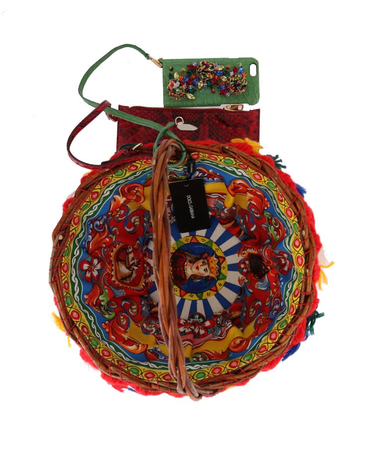 Dolce & Gabbana Bolsa Agnela de Palha Multicolorida com Cristais e Pompons